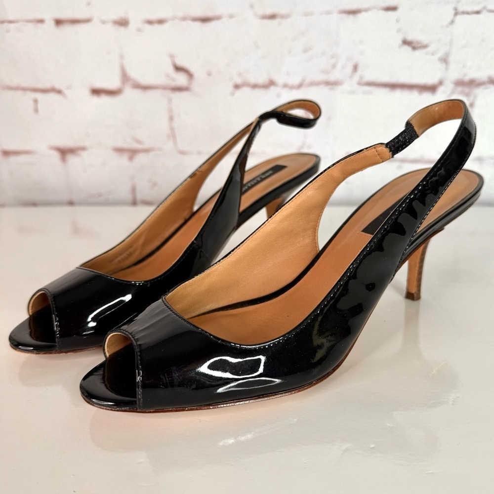 ANN TAYLOR Perfect KH Slingback Black Patent Leather Peep Toe Size 7.5 Heels - Picture 2 of 15